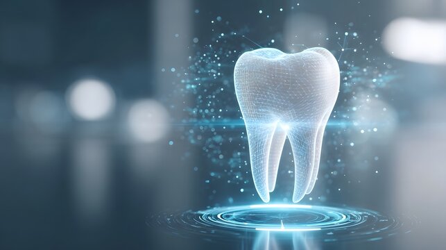 This futuristic digital rendering depicts a glowing 3D wireframe tooth on a circular interface representing advanced dental science virtual diagnostics and modern medical technology concepts