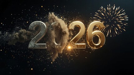 2026 Happy New Year Cinematic Golden 3D Text with Explosion Dust and Fireworks on Black Background
