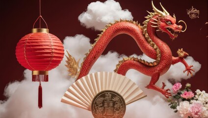 Festive scene a red dragon floats amidst clouds, with a lantern, fan, & flowers