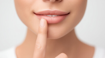 Close-up of a woman resting her finger on her lips, symbolizing secrecy or contemplation in a serene atmosphere.