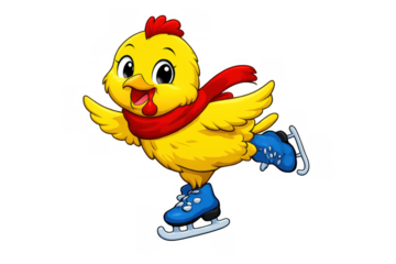 Cute cartoon chick enjoying ice skating, wearing a warm red scarf. Cheerful bird character celebrating winter events and holidays