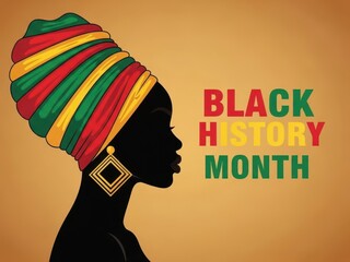 Stylized silhouette of an African woman wearing a colorful headwrap for Black History Month celebration.