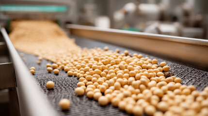 Close-up view of a conveyor belt transporting yellow soybeans in a modern processing facility.