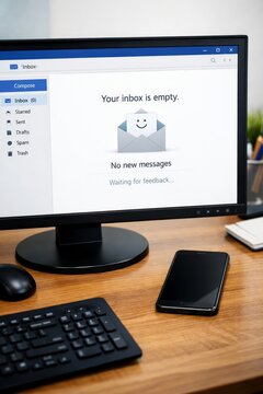 Computer showing inbox zero and smartphone waiting for feedback on clean office desk, email communication concept.   