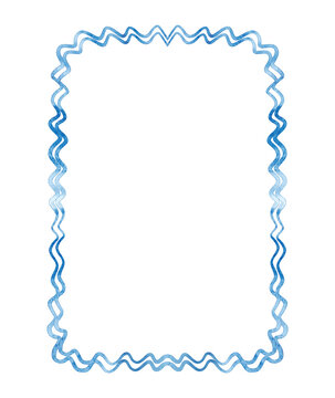 Wavy decorative blue frame design. Watercolor illustration for invitations, baby showers, greeting cards.