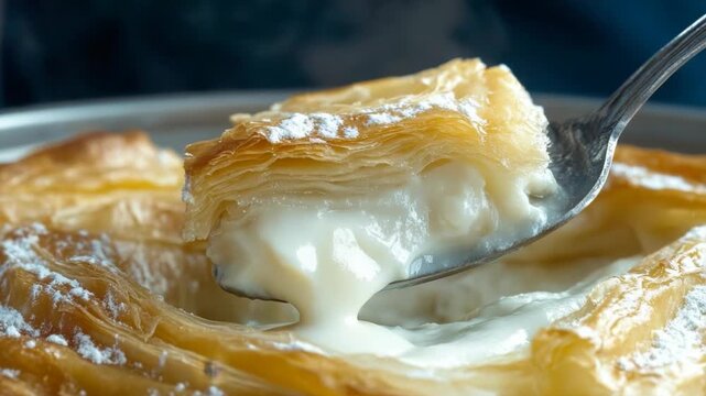 A spoon lifts a warm, creamy custard pastry piece. Golden flaky layers are dusted with sweet powdered sugar.