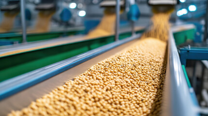 Conveyor belt transporting grains in a modern industrial food processing facility, highlighting efficiency.