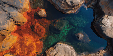 Geological Wonder: A captivating aerial view of a natural pool, showcasing a mesmerizing blend of colors and textures that highlight the beauty of Earth. 