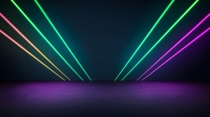 Vibrant laser beams in various colors create dynamic atmosphere against dark background
