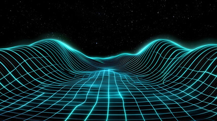 Futuristic digital landscape with glowing grid and waves, evoking sense of depth and motion
