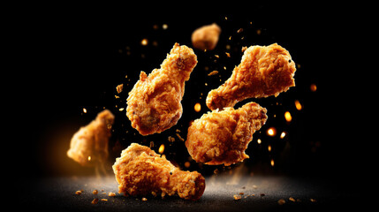 Deliciously crispy fried chicken pieces floating in the air with a sprinkle of spices, perfect for cravings.
