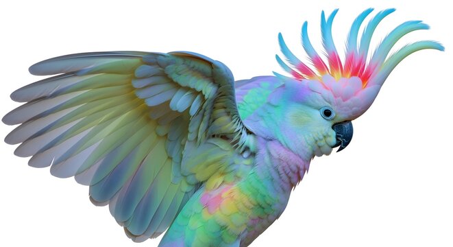 Cockatoo with neon crest and glowing pastel feathers, isolated white.