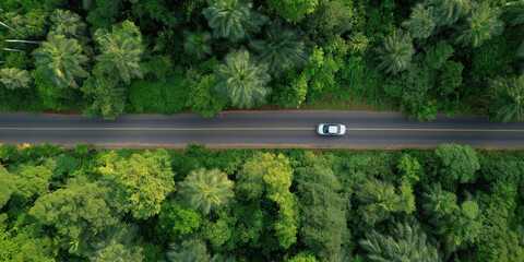 Road Through Forest: A bird's-eye view reveals a tranquil scene, a lone automobile navigates a winding road, enveloped by a lush canopy of vibrant green trees.