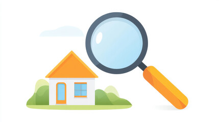 A colorful house illustration with a magnifying glass, symbolizing home search or real estate exploration.
