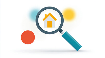 Illustration of a magnifying glass focusing on a house symbol, representing real estate search and investment.