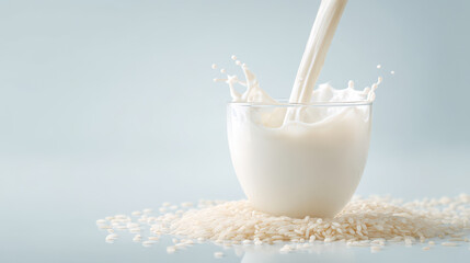 Fresh milk poured into a glass, surrounded by uncooked rice, creating a visually appealing splash.