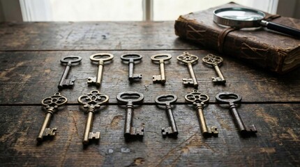 Set of assorted antique skeleton keys laid out in a row on a rustic wooden table, high detail