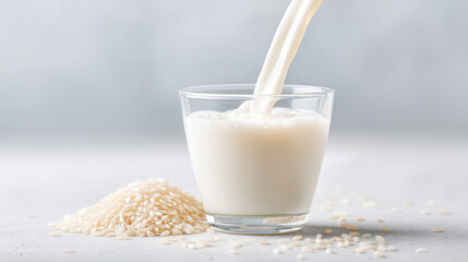 Fresh rice milk being poured into a glass next to grains of rice, showcasing a healthy dairy alternative.