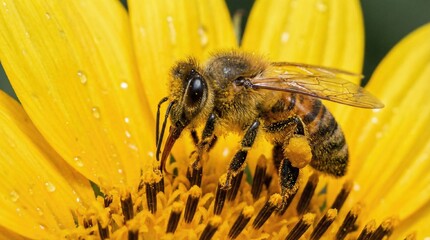 Macro shot of a honey bee collecting pollen on a bright yellow flower, fuzzy details
