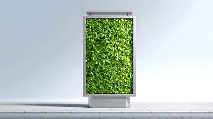 An eye catching modern advertising display unit featuring a vibrant vertical garden of dense green foliage situated on a clean city pavement during daytime