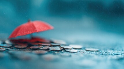 Red umbrella sits on coins during rain in a city street scene