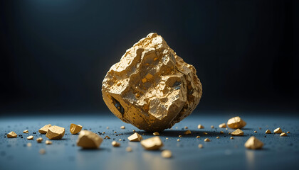 Golden mineral rock with intricate textures and scattered smaller fragments, illuminated against a dark background, showcasing natural beauty and geological formation