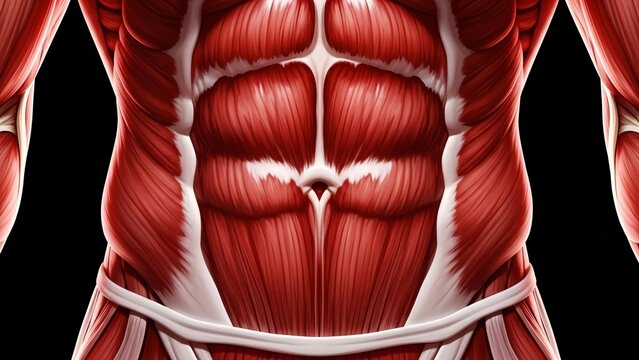 Illustration showing human abdominal muscle layers and core physical structure for medical education