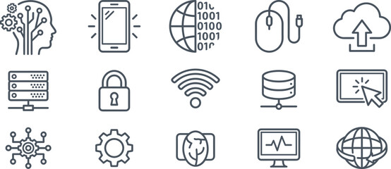 Set of 15 black line icons for technology and digital communication including AI, cloud, security, and global connectivity