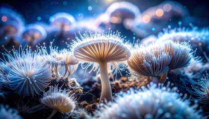 Microscopic view of fungal mycelium network and reproductive spores