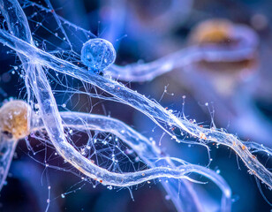 Microscopic view of fungal mycelium network and reproductive spores