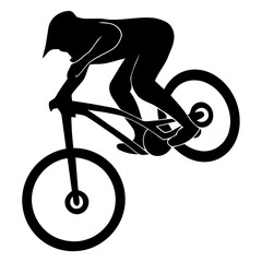 Obraz premium Black silhouette of a mountain biker riding a bicycle, extreme sports and outdoor action illustration