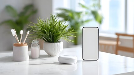 A minimalist bathroom counter setting displays hygiene items like toothbrushes and soap a small green plant and a smartphone with an empty screen evoking a sense of order and daily routine
