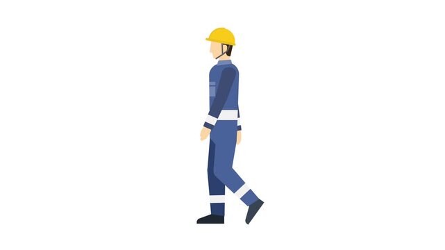 フラットイラストアニメーション：歩くヘルメットを被った作業員