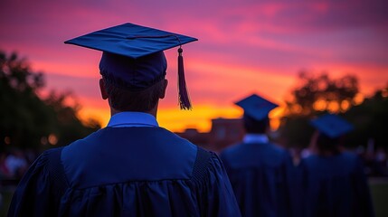 Graduating students at sunset, outdoor ceremony