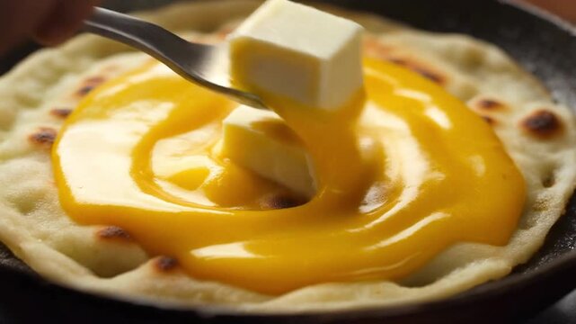 Yellow butter melting on a sizzling hot paratha with ghee spreading in circular waves, close-up macro, 4K.