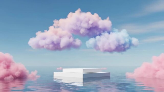 Serene white platform floats on calm waters beneath pastel clouds in a clear blue sky