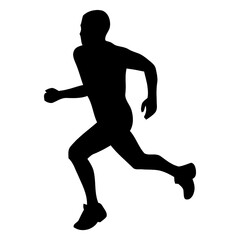 Fototapeta premium Black silhouette of a male runner in mid-stride, athletic motion, isolated on white