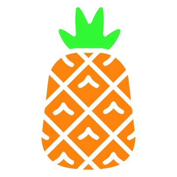 Cute cartoon pineapple with green crown and orange patterned body, simple vector icon