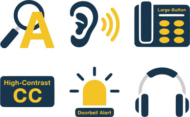 Professional senior accessibility icons. Flat vector set featuring hearing aids, magnifying tools, and CC symbols. High-quality navy and yellow graphics isolated on white.