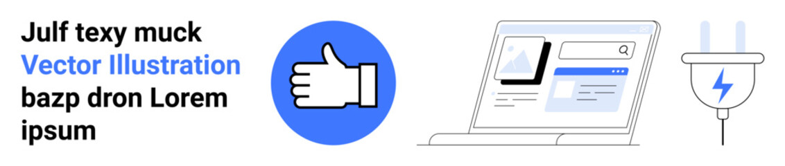Obraz premium Digital marketing, technology, online feedback, energy efficiency, web development, content design. Thumbs up symbol, laptop screen electric plug. Digital marketing and technology concept