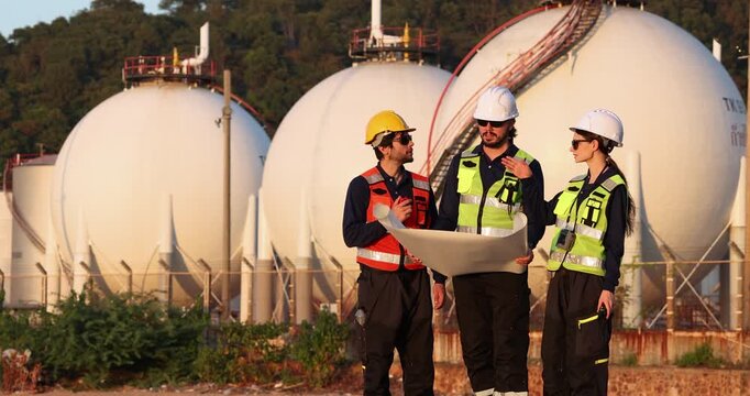 Petroleum engineers having a discussion near oil storage tanks