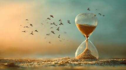 Flowing Sand Marks Time in an Abstract Hourglass Under a Bright Daylight Sky With Bird Silhouettes Moving in the Background