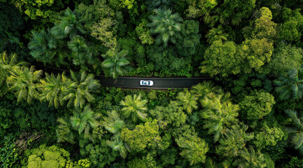 Winding Road Through Lush Canopy: Overhead perspective of a car gracefully navigating a winding road carved through a dense and vibrant green forest, creating a sense of adventure and travel.