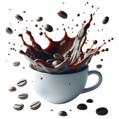 Coffee Splash in White Cup with Roasted Coffee Beans on Transparent Background