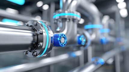 Fototapeta premium Close up of advanced industrial infrastructure featuring polished metal pipes and conduits illuminated by vibrant blue lights suggesting technological innovation and complex engineering