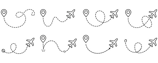 Airplane travel route icons with dotted lines and location pins