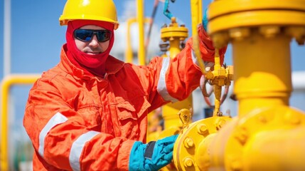 Worker in safety gear operates valve at industrial site during daytime