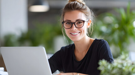 A cheerful confident young woman with glasses and hair in a bun actively engaged with her laptop computer in a sunlit contemporary office environment featuring green plants