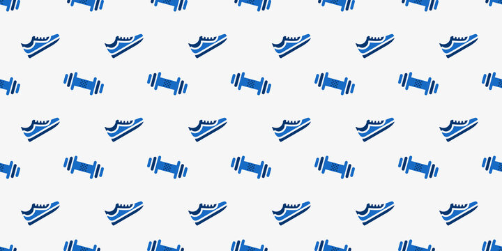 Fitness and gym equipment seamless pattern dumbbells sneakers in flat style for sports designs packaging apparel and fitness branding Vector