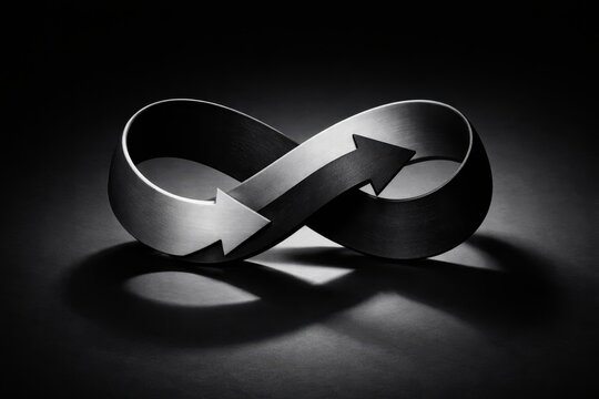 Metallic infinity mobius strip arrow loop on dark black background, endless cycle paradox and continuity concept.   